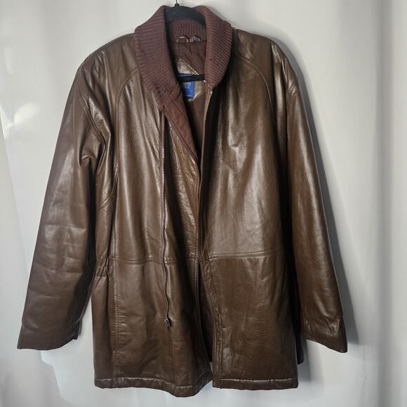 Nino Cerruti Sport Brown Leather Parka Brown Sz Large Asymmetrical Collared Vtg - Picture 4 of 13
